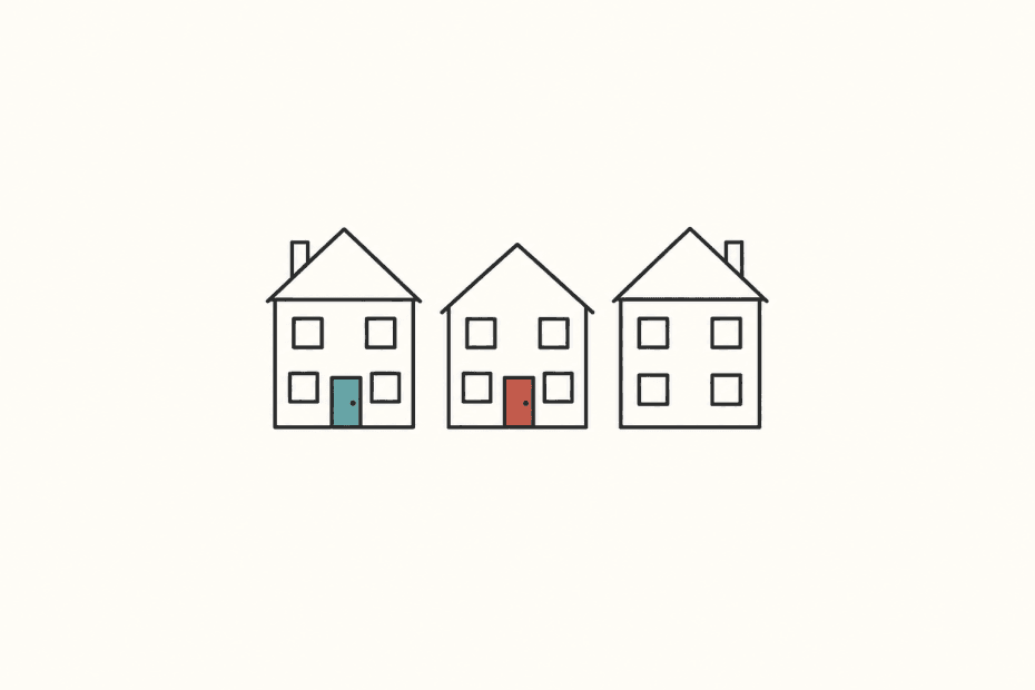 Line illustration of three houses with muted teal and brick-red door accents.