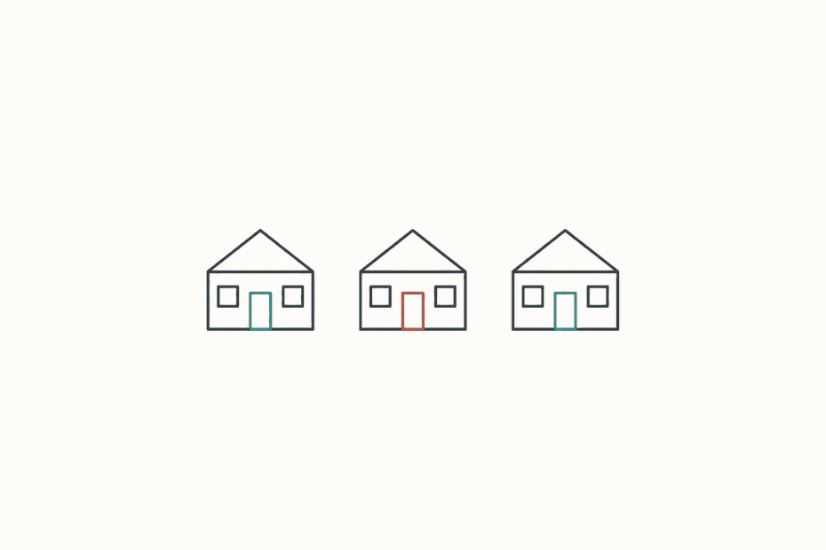 Three simple house outlines with muted teal and brick-red details