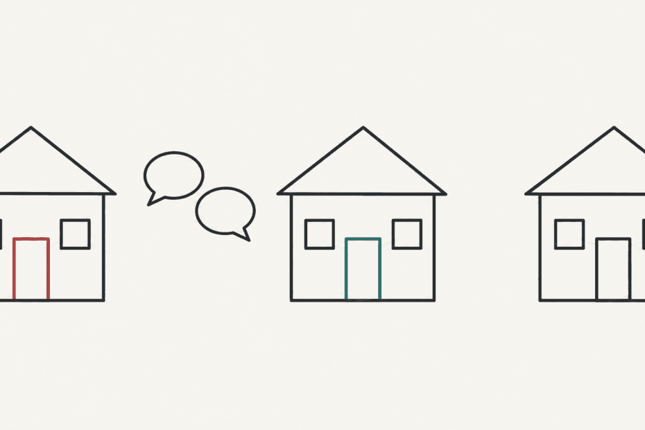 Three house outlines with teal and brick-red doors and two empty speech bubbles