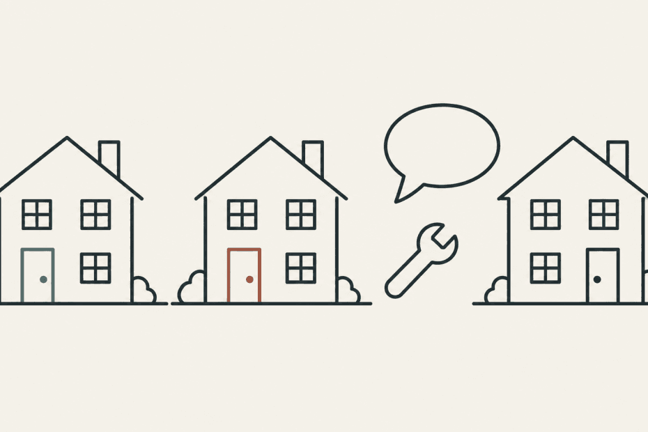 Three simple house outlines beside a spanner and an empty speech bubble