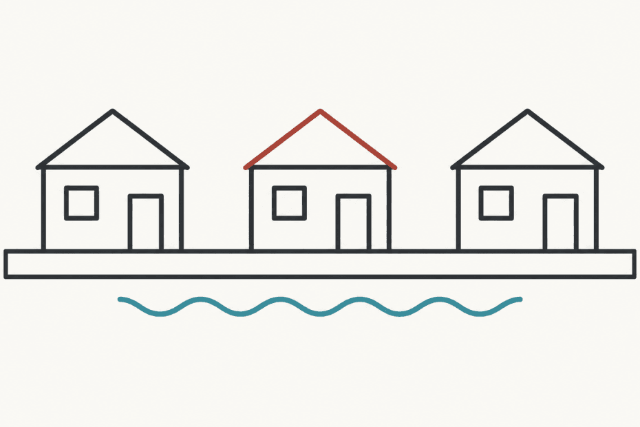 Simple house outlines behind a low flood barrier, with small waves in front