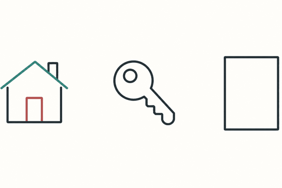 Outline illustration of a house, a key and a blank document
