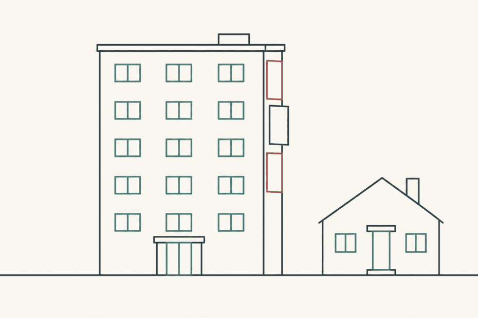 Outline illustration of a block of flats, three facade panels and a small house