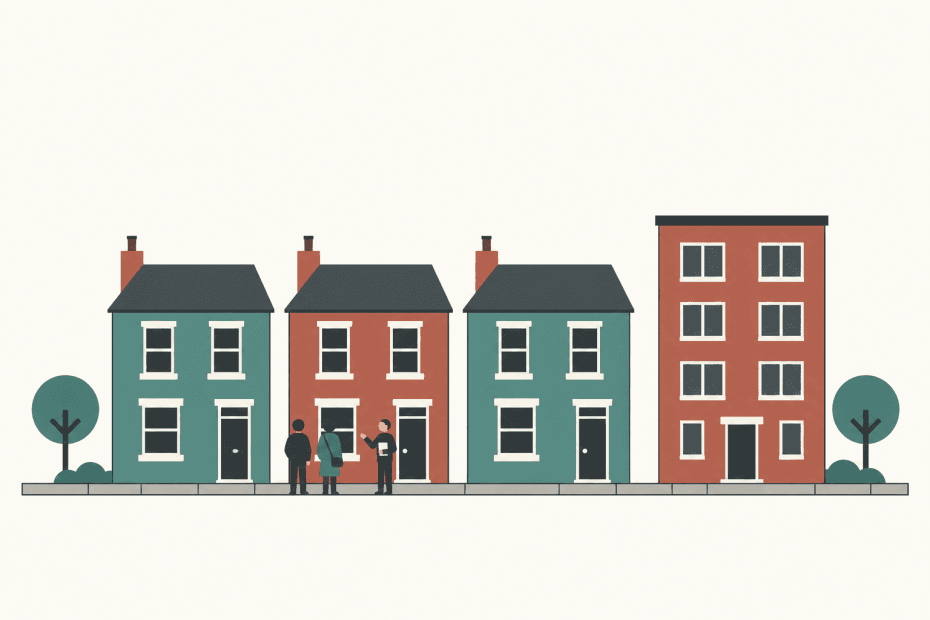 Flat illustration of three houses and a block of flats with people viewing a home